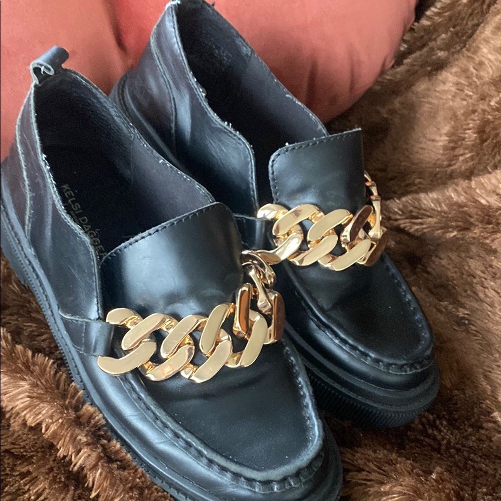 Black Loafers with Gold Chain Accent